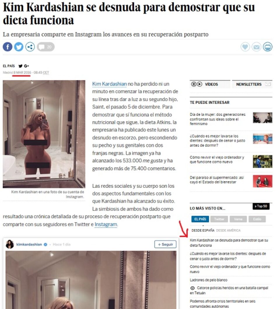 Lo más leído en elpais.com el 8 de marzo: “Kim Kardashian se desnuda para demostrar que su dieta funciona”