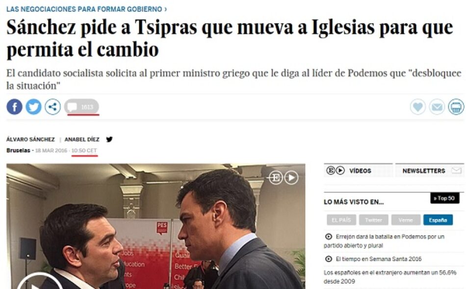 El País informa de la escenificación de Pedro Sánchez en Grecia pero oculta la respuesta de Tsipras