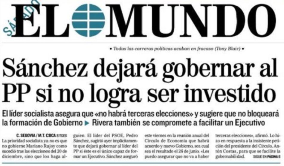 El Mundo no publica noticias, sino suposiciones: “Sánchez dejará gobernar al PP si no logra ser investido”