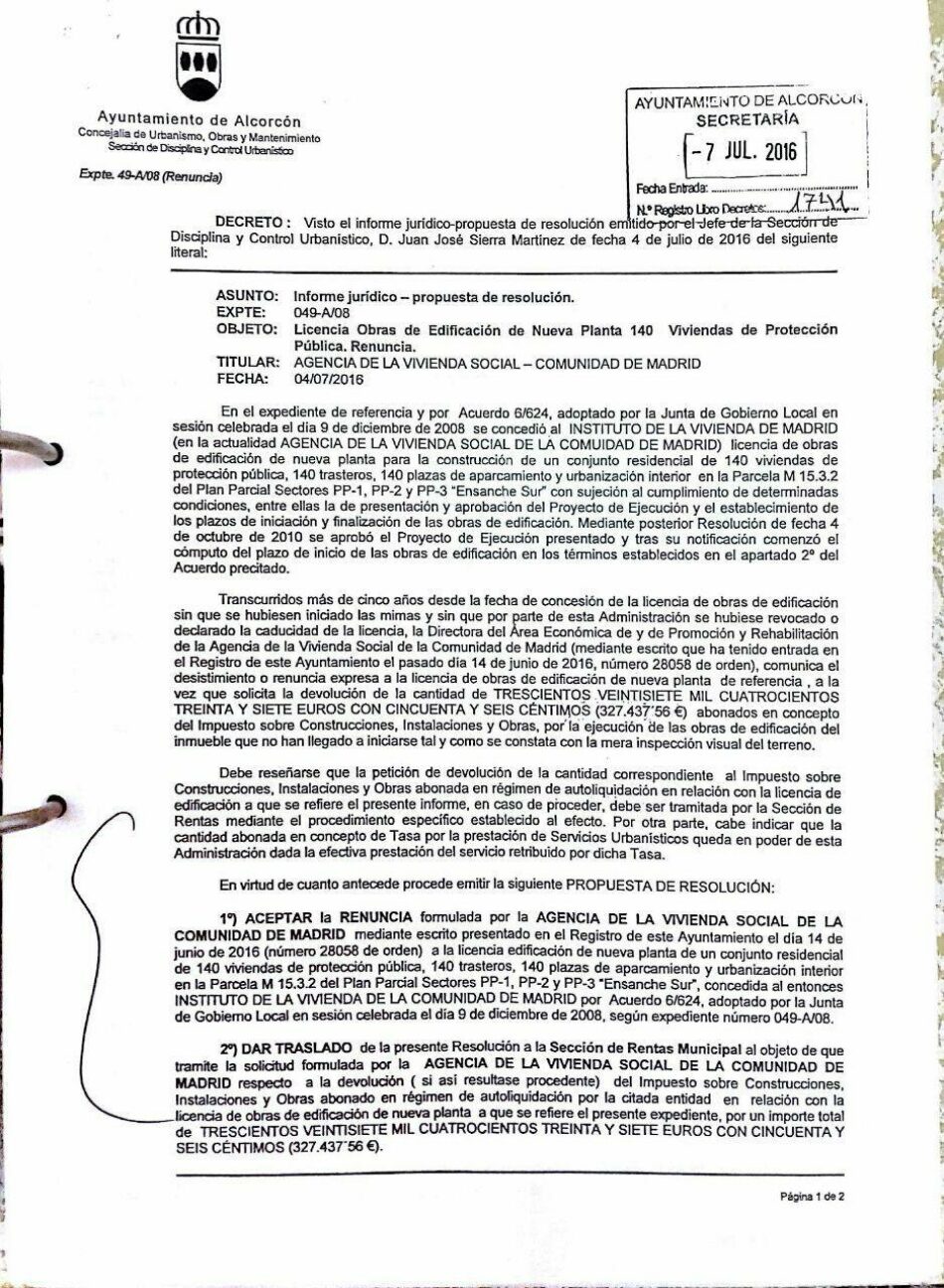El «irresponsable» gobierno de Alcorcón permite la renuncia para la construcción de 688 viviendas sociales