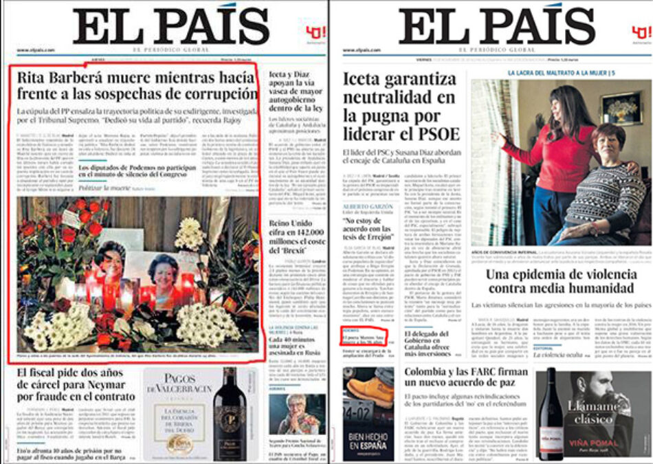 Las torcidas prioridades de las portadas de El País: Rita Barberá y Marcos Ana