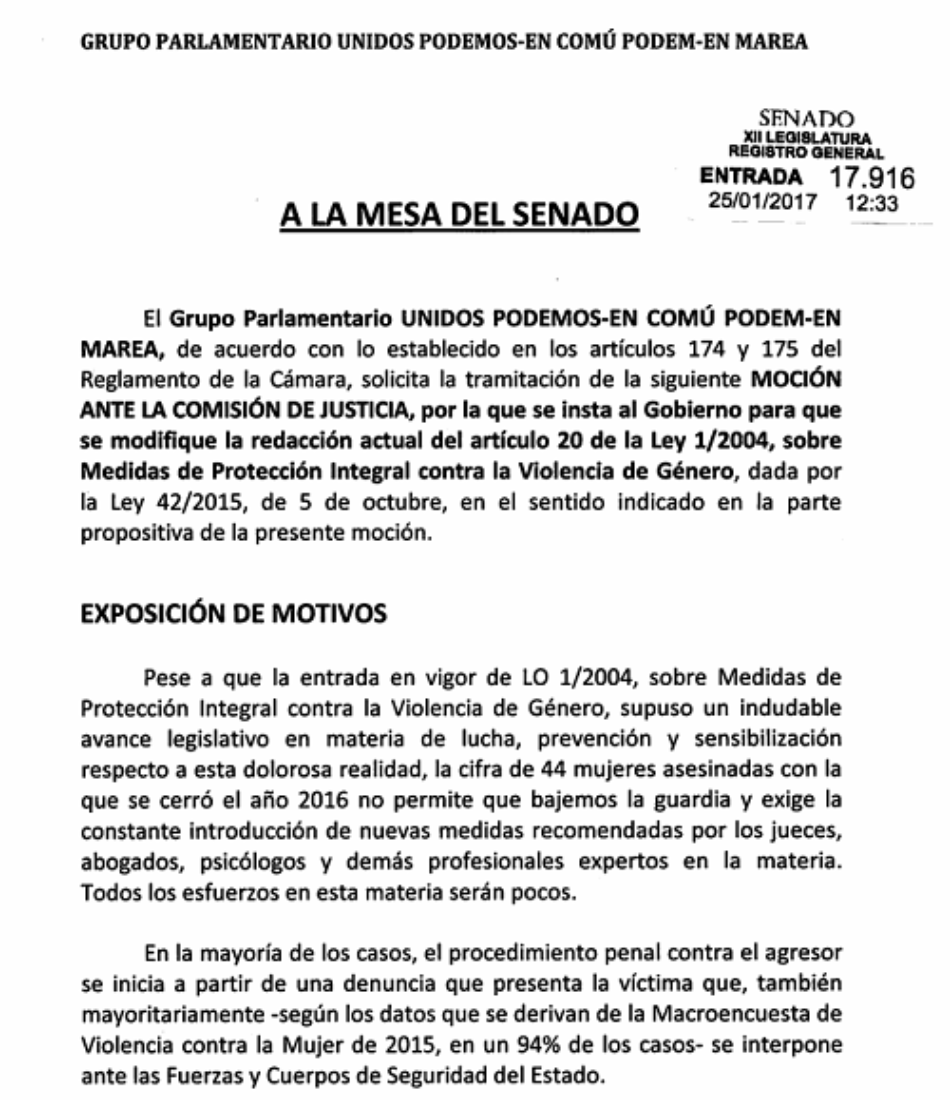 Unidos Podemos propone que las víctimas de violencia machista cuenten con asistencia jurídica y psicológica desde el momento previo a la denuncia