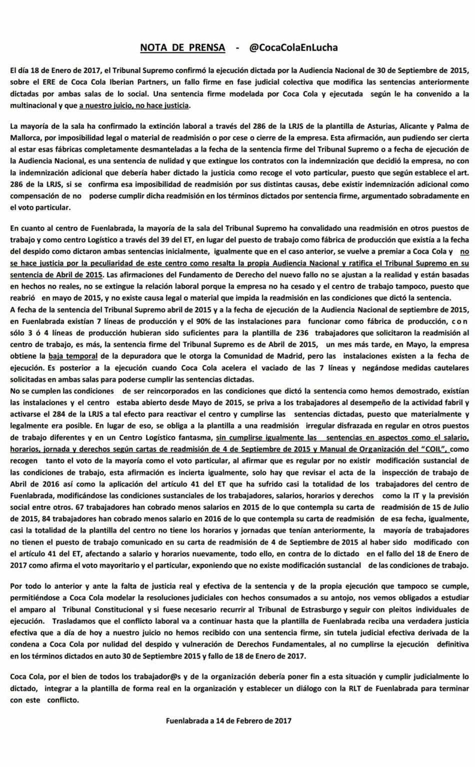 Valoración sobre el auto del Tribunal Supremo del 18 de Enero