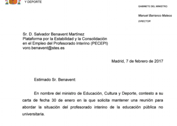 El ministro Méndez de Vigo da largas a la petición de entrevista solicitada por la Plataforma por la Estabilidad y la Consolidación en el Empleo del Profesorado Interino