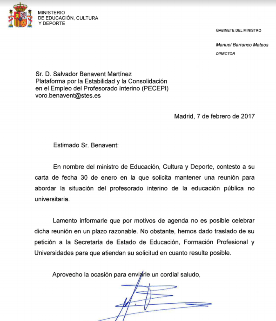 El ministro Méndez de Vigo da largas a la petición de entrevista solicitada por la Plataforma por la Estabilidad y la Consolidación en el Empleo del Profesorado Interino