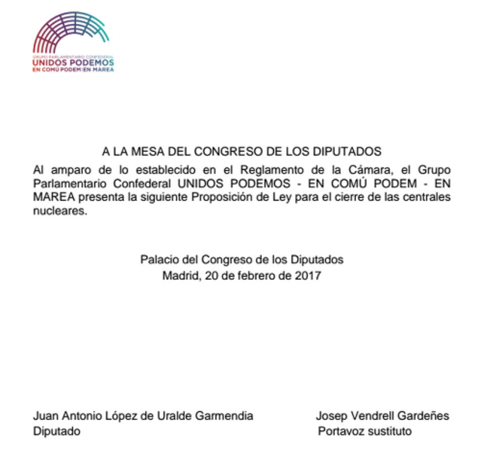 Unidos Podemos – En Comú Podem – En Marea presentan una proposición de ley para cerrar las centrales nucleares