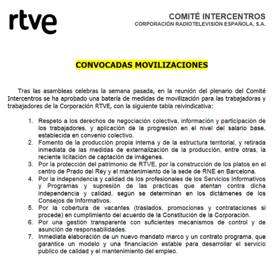 Anuncian próximos paros en la CRTVE el 9 de marzo y 4 de abril