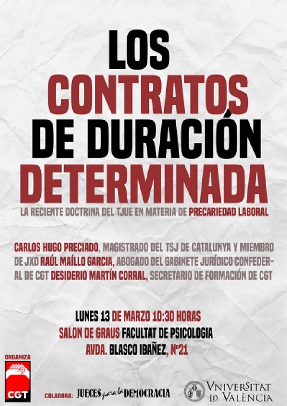 CGT y Jueces para la Democracia abordarán las consecuencias de la sentencia del TJUE sobre los contratos de duración determinada en una charla en la Universitat de València