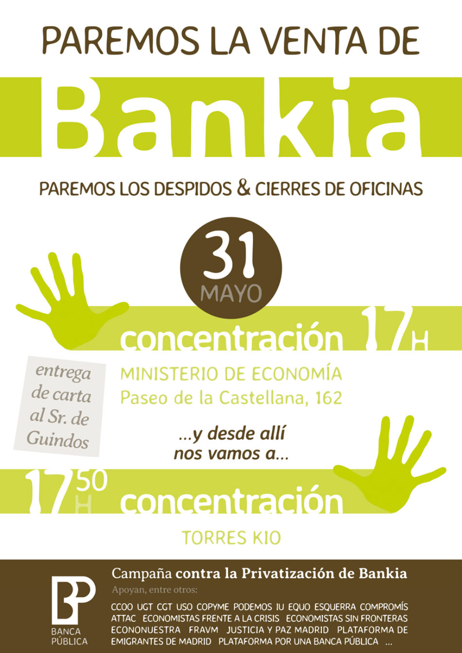 Concentración contra la privatización de Bankia y BMN el próximo 31 de mayo