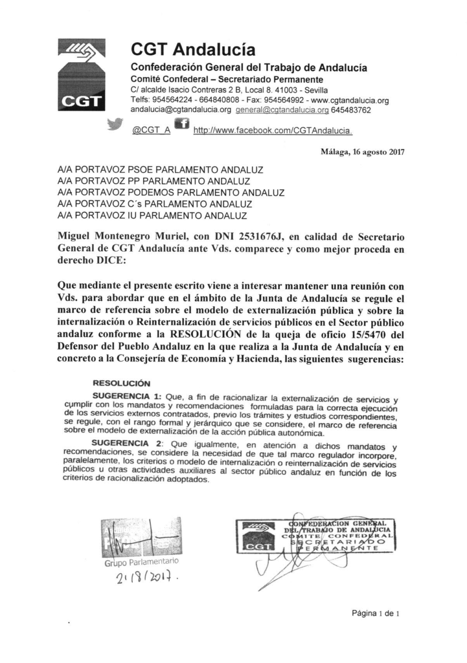 CGT reclama a los partidos politicos las medidas propuestas por el Defensor del Pueblo