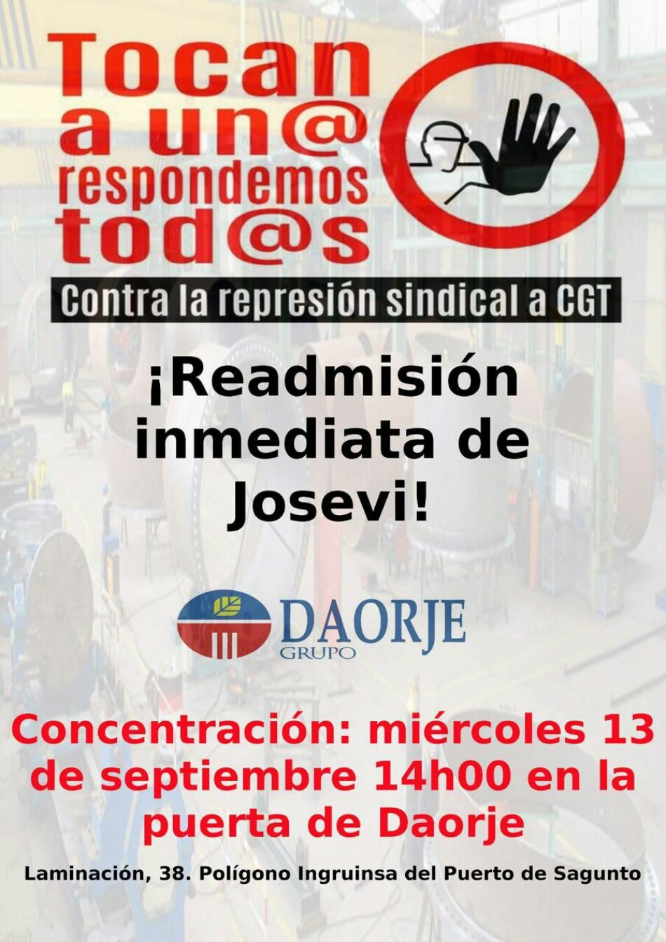 CGT convoca una concentración ante Grupo Daorje para protestar contra la represión sindical