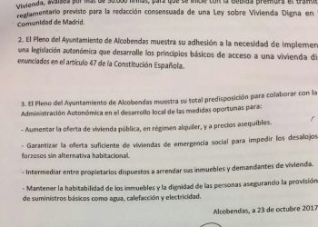 El Ayuntamiento de Alcobendas insta a la Asamblea de Madrid a debatir la Iniciativa Legislativa Popular de Vivienda