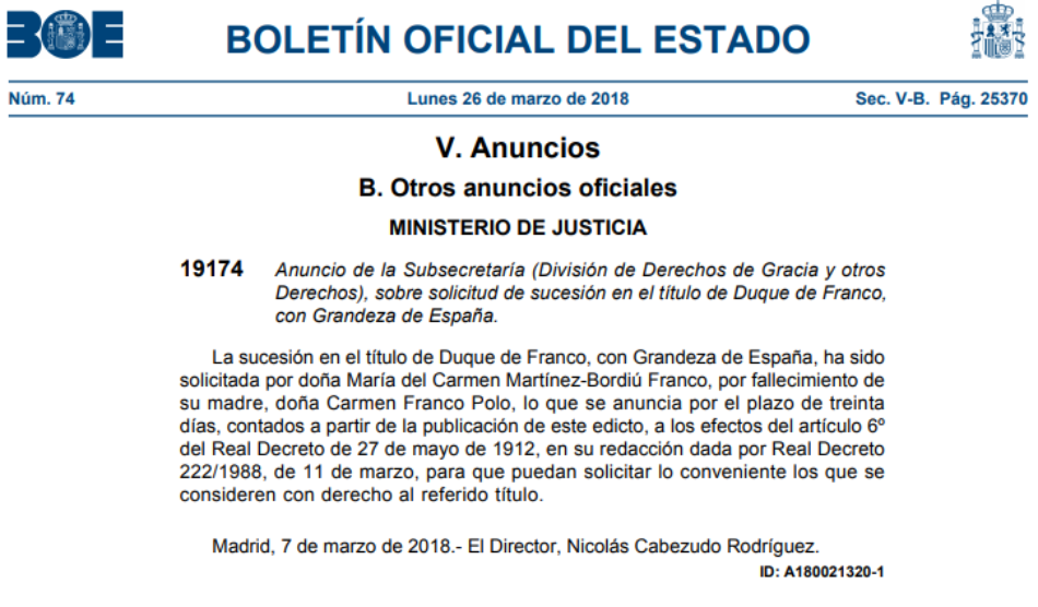 La ARMH denuncia ante la Fiscalía el Ducado de Franco que aparece hoy en el BOE