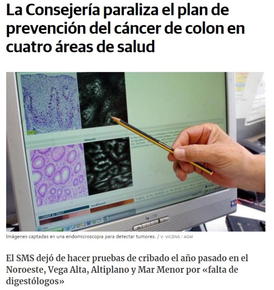 El Gobierno de López Miras en Murcia pone en riesgo la salud restringiendo el Plan de Prevención del Cáncer de Colon