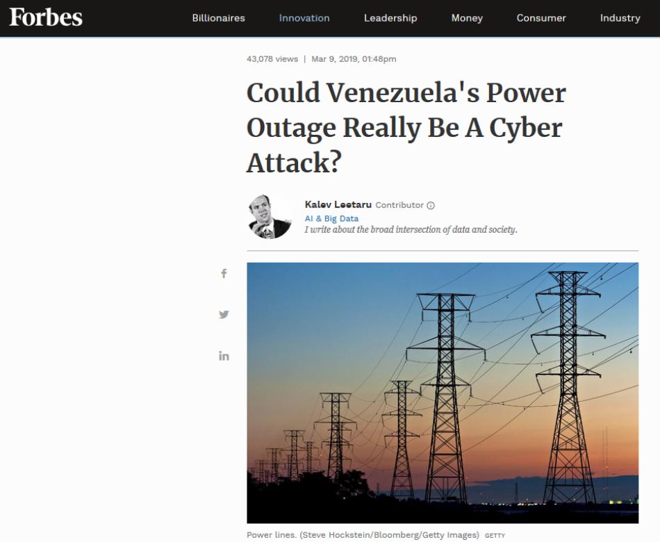 Forbes sugiere que Washington ordenó ciberataque contra Venezuela / Ciberguerra contra el sistema eléctrico: las confesiones de EEUU en 2018