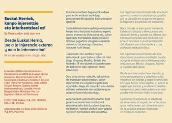 Euskal Herria: partidos, sindicatos y Coordinadora de ONGD denuncian intervención en Venezuela y piden respeto a su gobierno electo