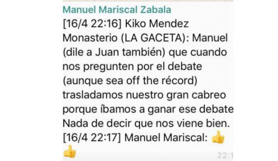 Méndez Monasterio (VOX): «cuando nos pregunten por el debate (aunque sea off the record) trasladamos nuestro gran cabreo porque íbamos a ganar ese debate. Nada de decir que nos viene bien»