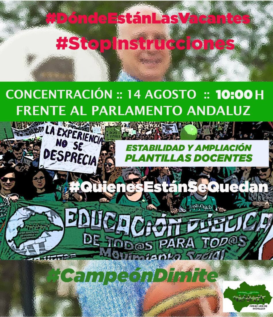 Marea Verde llama a la concentración de interinos frente al Parlamento andaluz el 14 de agosto y exige la comparecencia del consejero Imbroda