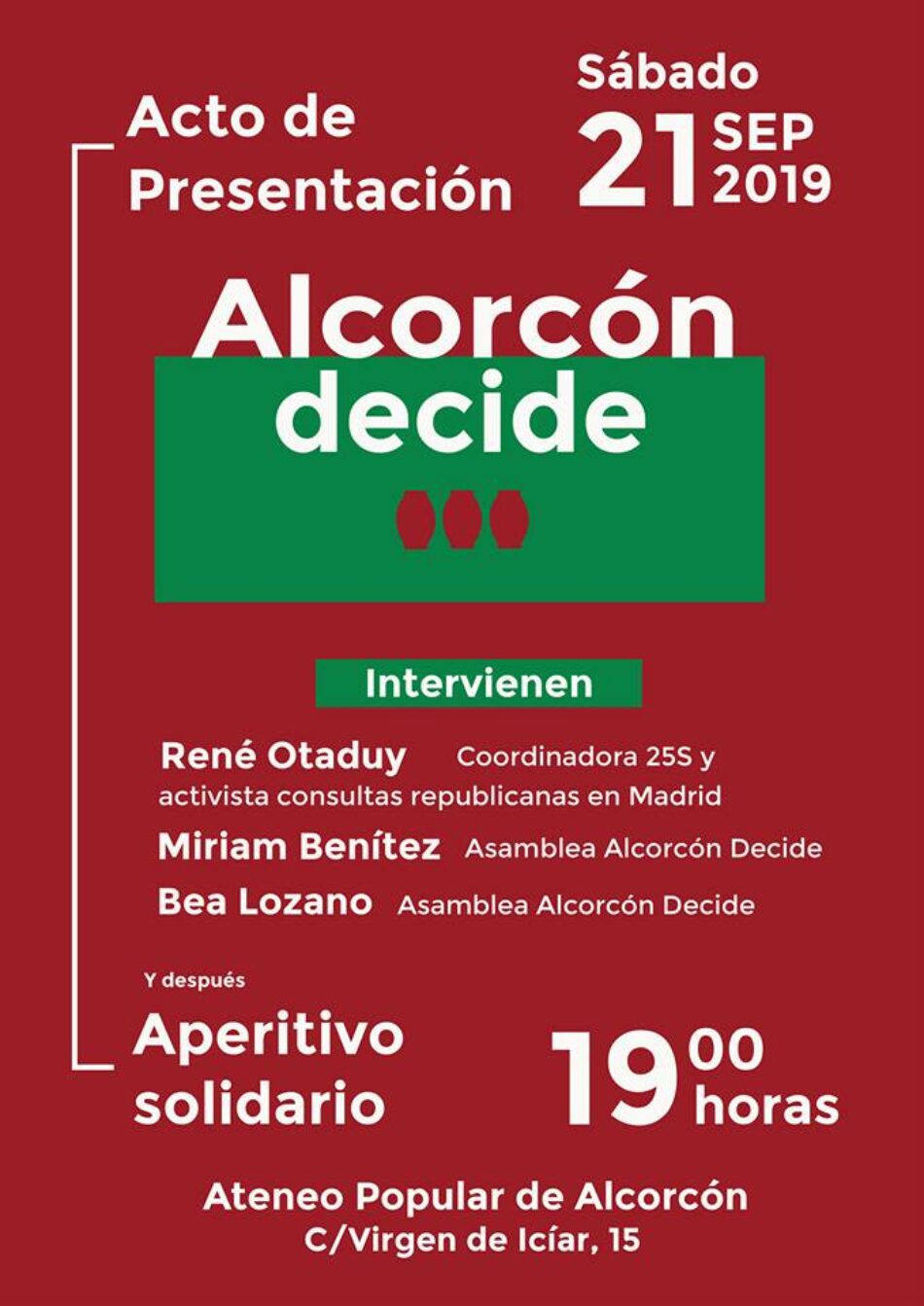 Alcorcón Decide presenta su consulta republicana esta tarde en el Ateneo Popular