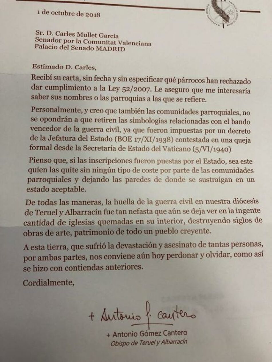 El Gobierno deriva a las autonomías  obligar a los obispados retirar la simbología franquista de los templos religiosos