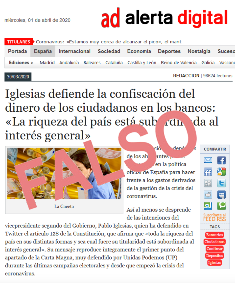 «Alerta Digital» inventa que «Iglesias defiende la confiscación de dinero de los ciudadanos» generando miedo y malestar en un momento de shock