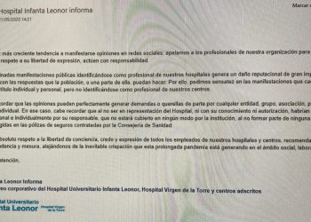 CCOO exige a los responsables del Infanta Leonor que retiren o rectifiquen el mensaje de “amenaza velada” remitido a la plantilla