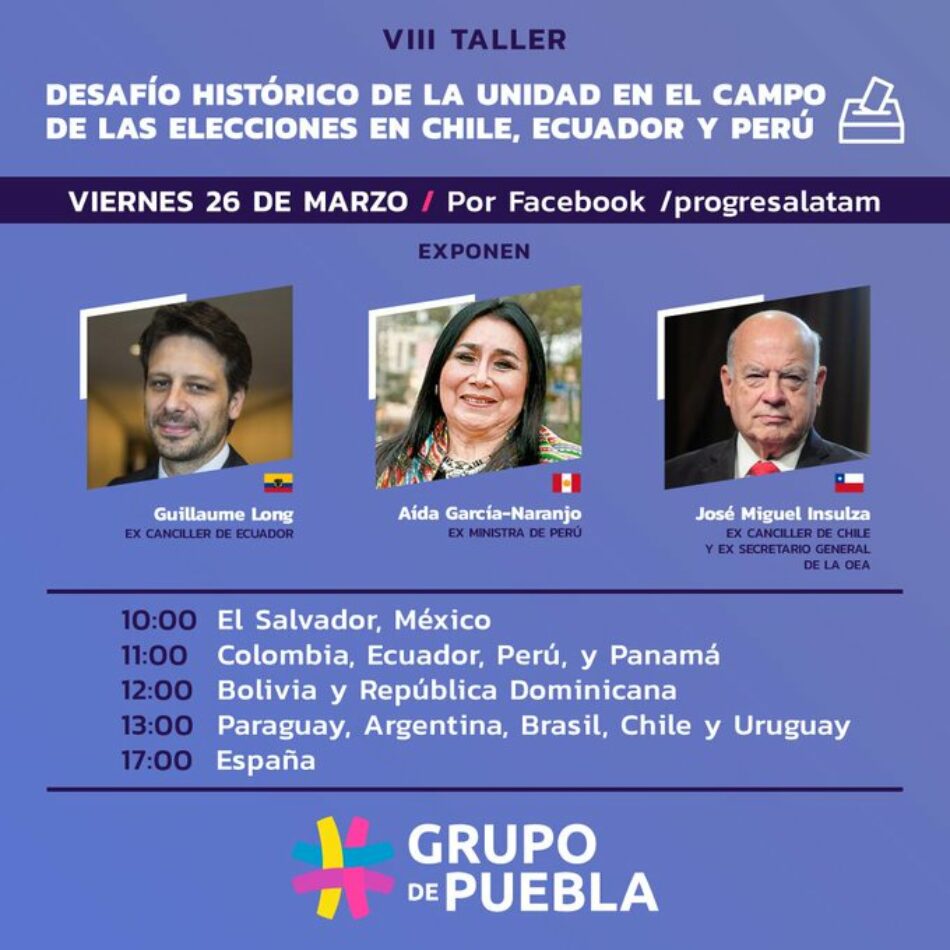 Tres elecciones en un día: VIII taller del Grupo de Puebla abordará el desafío de la unidad en los próximos comicios de Chile, Perú y Ecuador