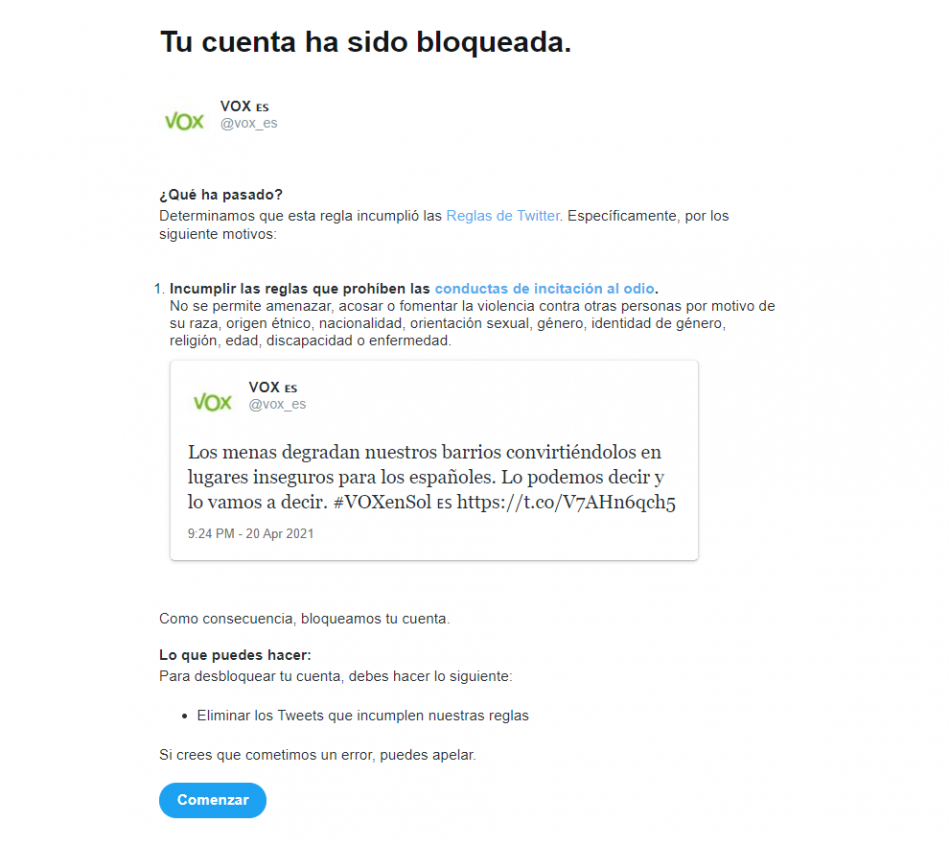 Twitter bloqueó la cuenta del partido neo-fascista Vox por incitación al odio en su propaganda contra los «MENAS»