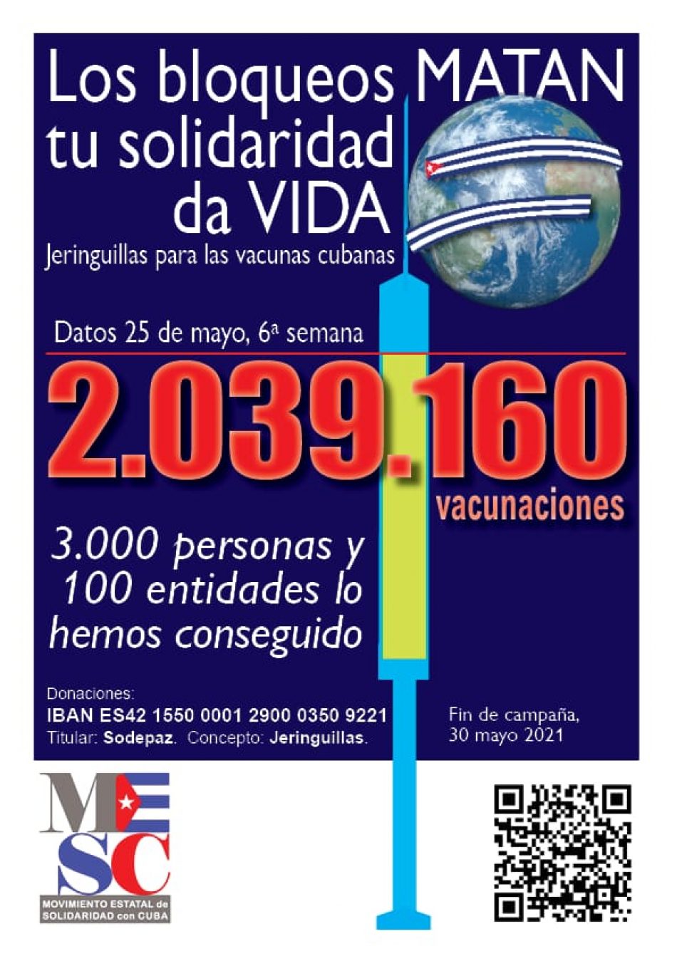 Dos millones de jeringuillas para Cuba: la solidaridad en el Estado español consigue duplicar su objetivo inicial