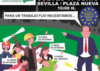 La Coordinadora Andaluza de Emplead@s Públic@s en abuso de la temporalidad (CAEPAT) se concentra en la Plaza Nueva (Sevilla) este jueves 17 de junio