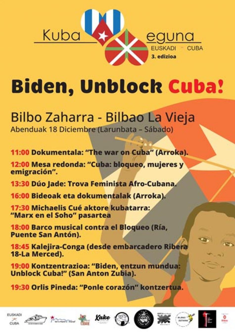 Este sábado 18 de diciembre en Bilbao, 3ª edición del «Kuba Eguna»: concentración, expos, charla, barco y conciertos para decir “Biden entzun mundua: Unblock Cuba!”