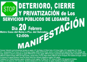 20-F: «Las vecinas y vecinos de Leganés salimos a la calle por los servicios públicos municipales. Nos sobran las razones»