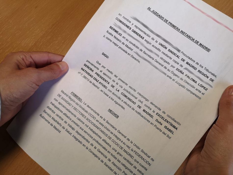 «CCOO demanda a la presidenta de la Comunidad de Madrid por sus declaraciones de descrédito contra los y las profesionales de Atención Primaria»