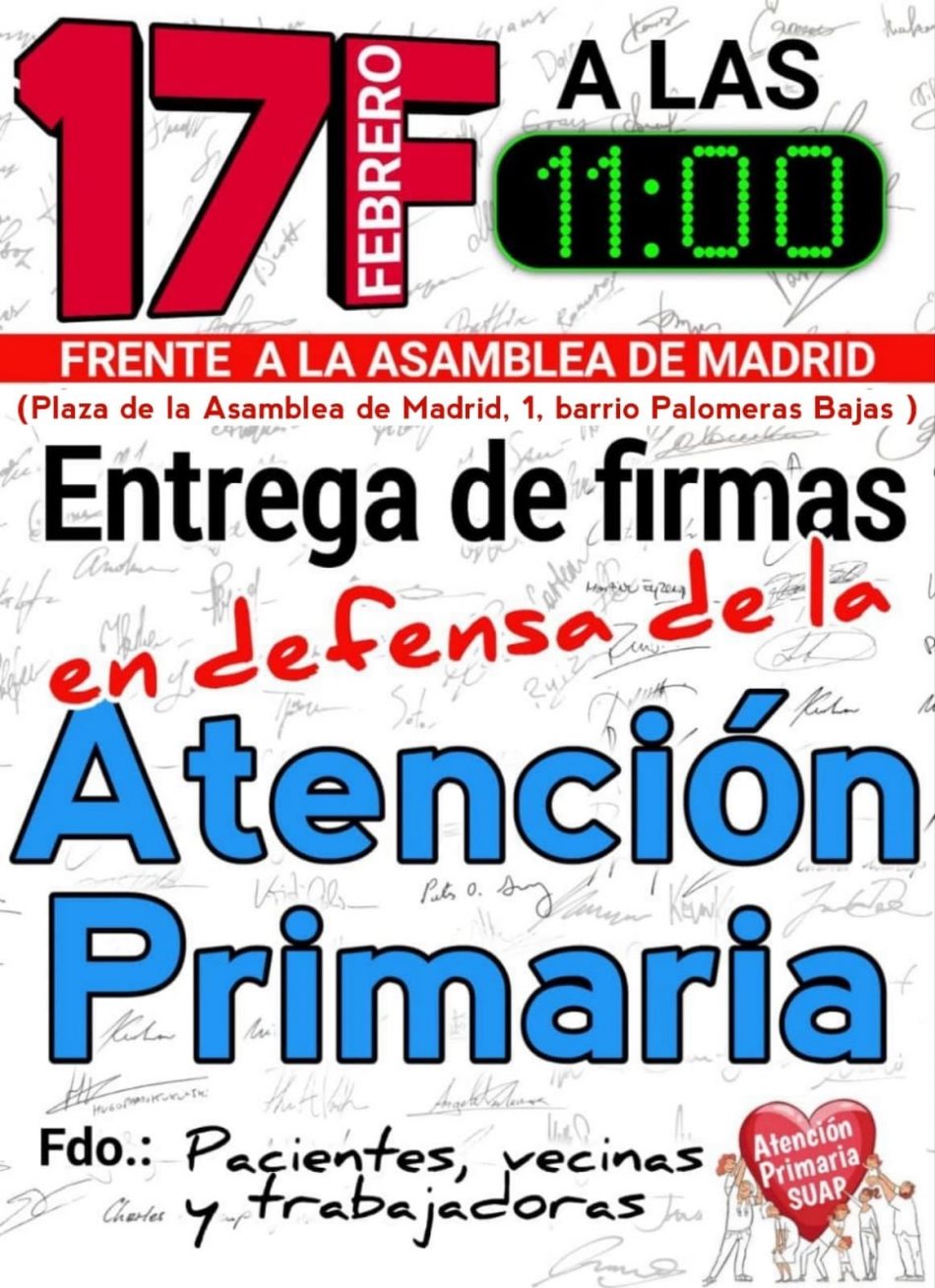 Sindicato MATS entregará firmas en defensa de la Atención Primaria frente a la Asamblea de Madrid el 17 de febrero