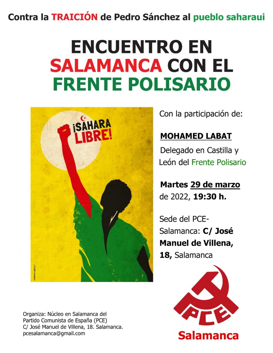 El PCE-Salamanca organiza un acto con el Frente Polisario contra la “traición” de Pedro Sánchez al pueblo saharaui