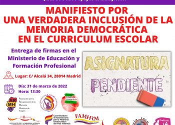 Este jueves se entregan más de 34.000 ﬁrmas pidiendo una “verdadera inclusión de la memoria histórica” en el currículum escolar