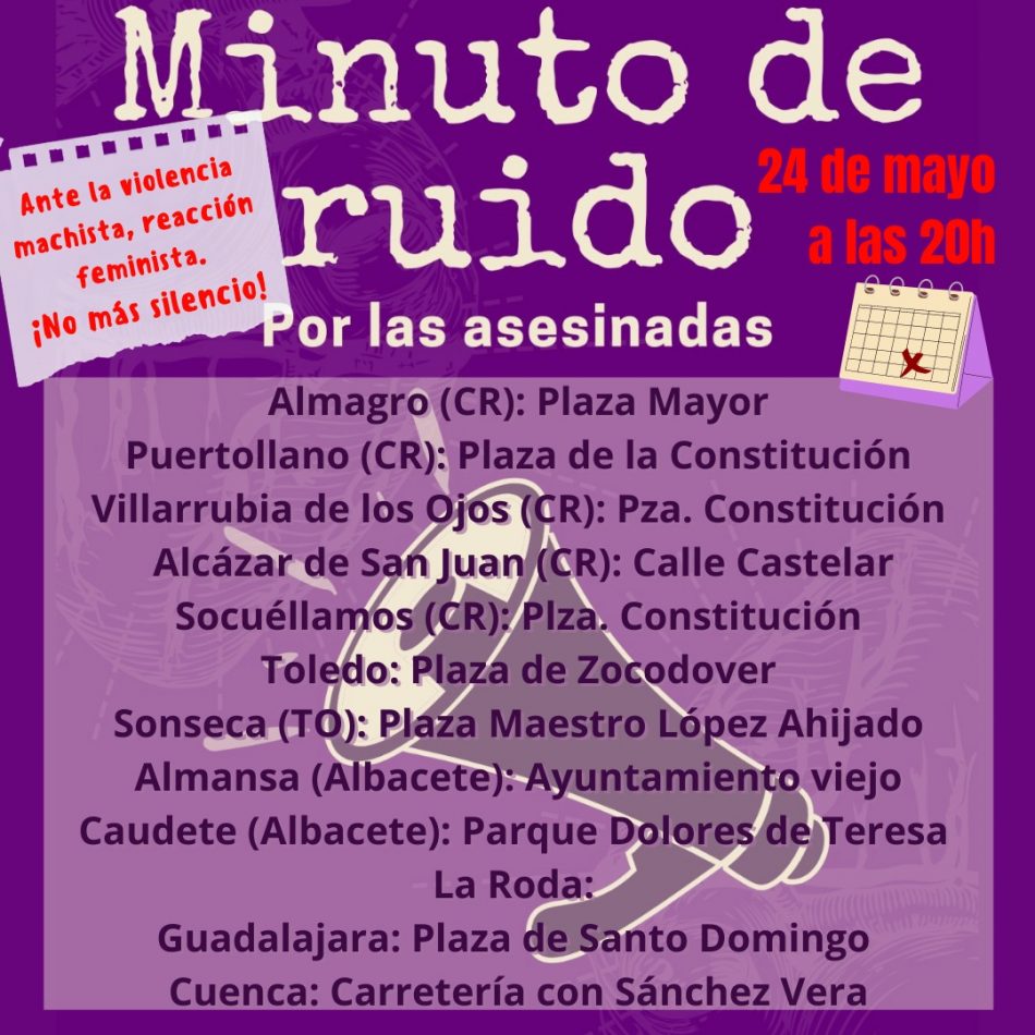 La Red Feminista de Castilla-La Mancha convoca «un Minuto de Ruido» por las asesinadas, el 24 de mayo