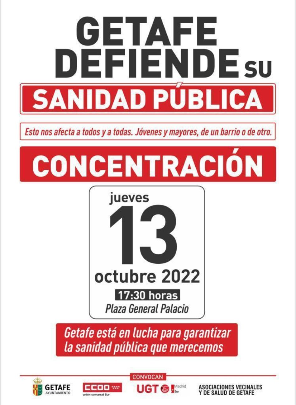 Getafe defiende su Sanidad Pública: concentración el 13 de octubre, en la Plaza General Palacio