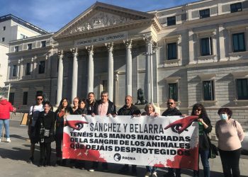 PACMA se concentra al puertas del Congreso acusando a Sánchez y Belarra de tener las manos “manchadas de sangre”