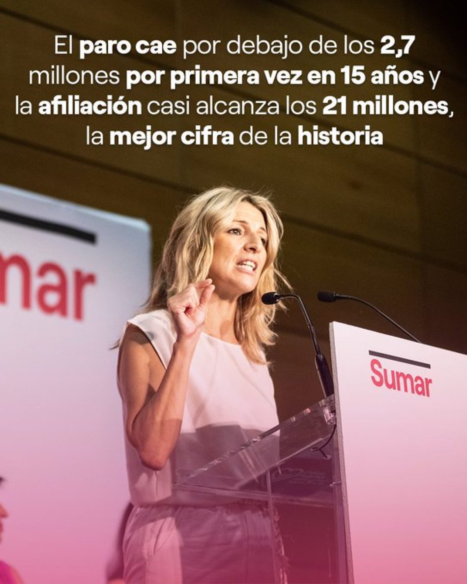 Izquierda Unida señala que la nueva bajada del paro demuestra “la exitosa estrategia de Yolanda Díaz a la hora de implementar transformaciones que mejoran el empleo y reducen la precariedad”