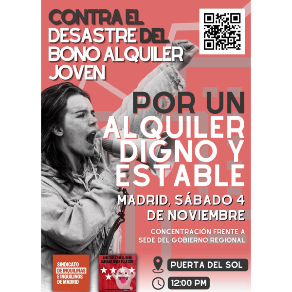 Contra el desastre del Bono Joven de Alquiler. Concentración por un alquiler digno y estable el 4 de noviembre en Sol (Madrid)