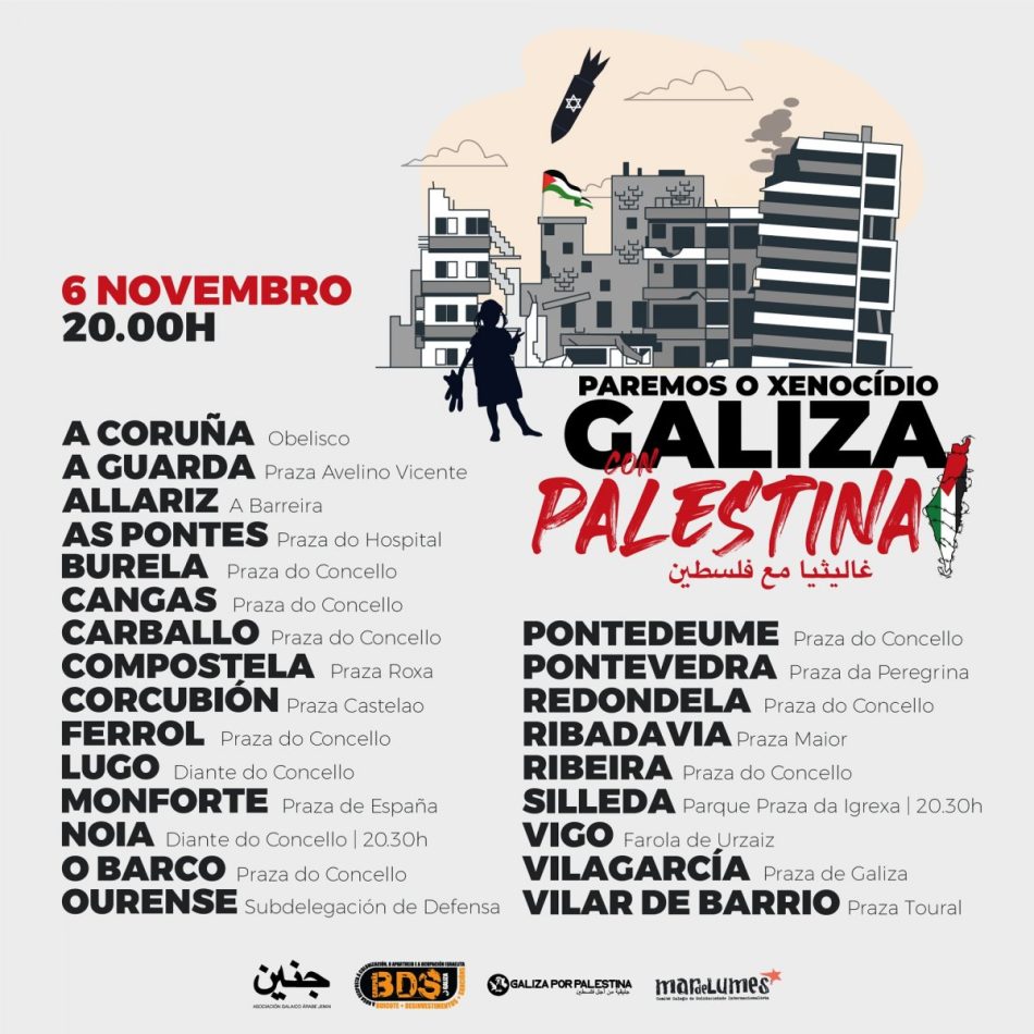 Galiza acollerá este luns novas mobilizacións en solidariedade co pobo palestino: 6 Novembro