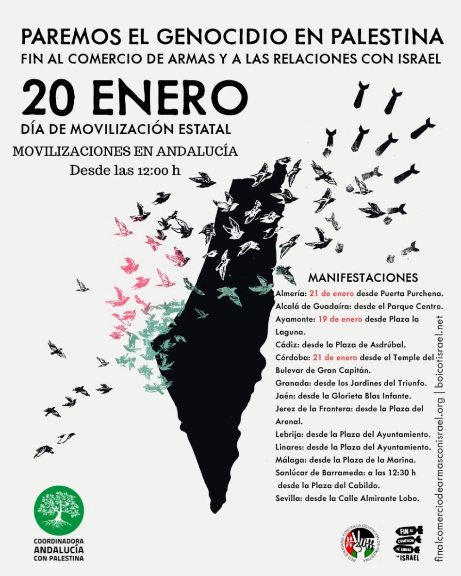 13 ciudades andaluzas se movilizan contra el genocidio en Gaza en una jornada de movilización estatal el próximo 20 de enero