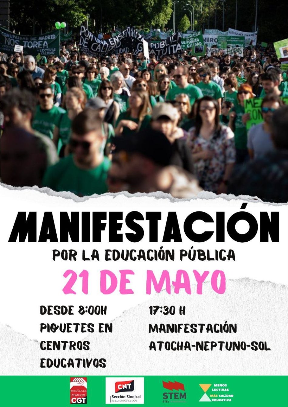 El Sindicato de Trabajadores y Trabajadoras de la Enseñanza de Madrid (STEM) valora la jornada de huelga del pasado día 8 y llama a la movilización del 21 de mayo