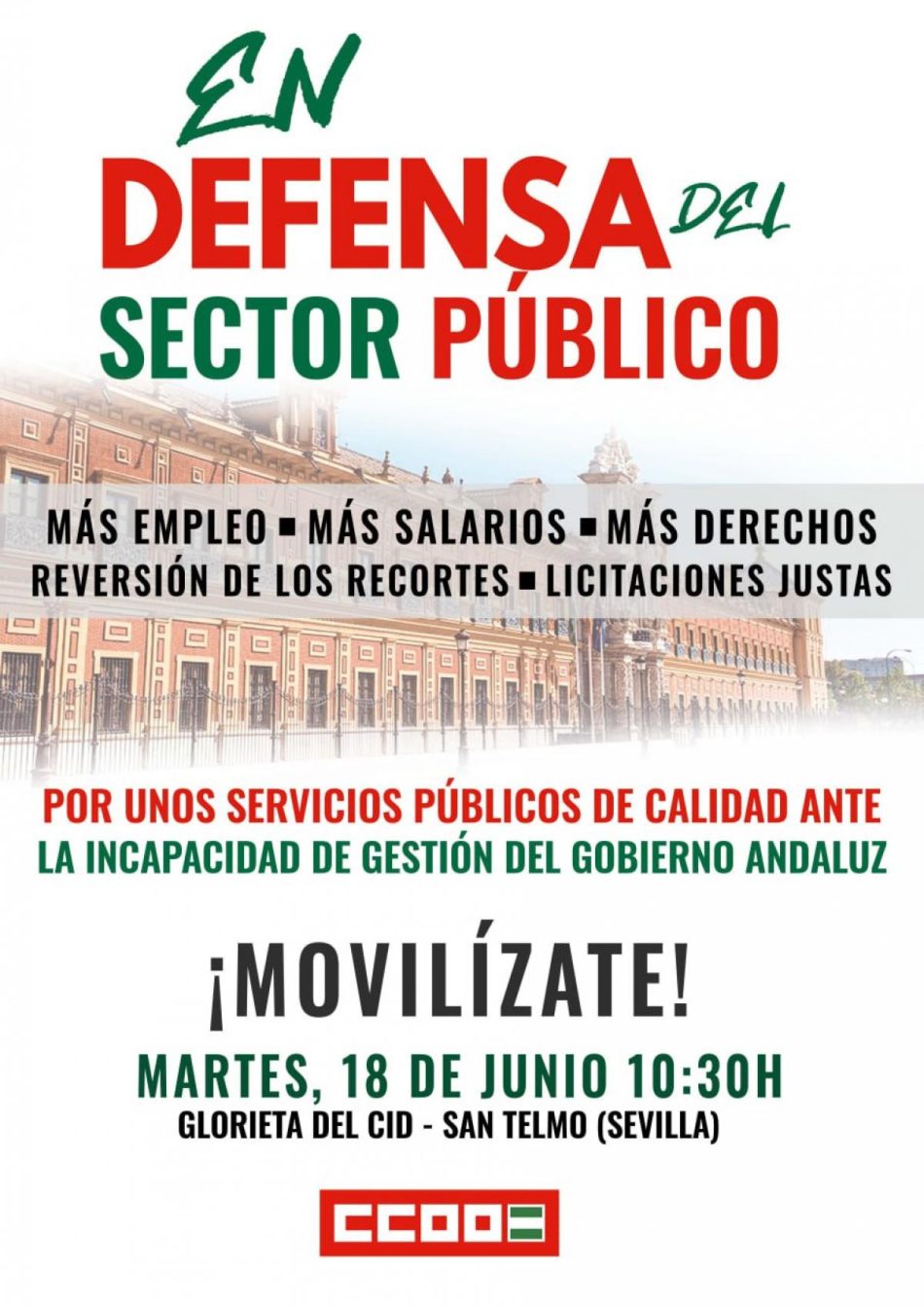 CCOO se moviliza en defensa del empleo en el sector público y la calidad en su prestación ante la ineficiente gestión del Gobierno andaluz