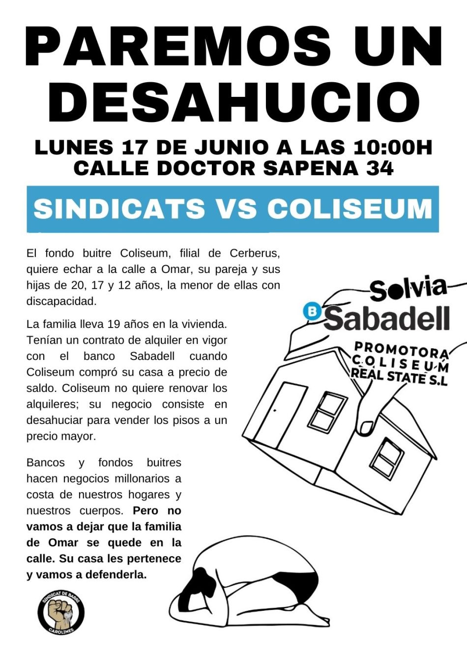 Convocan a parar el desahucio de una pareja con tres hijas, una de ellas con discapacidad, en la calle Doctor Sapena 34 (Sabadell), el 17 de junio