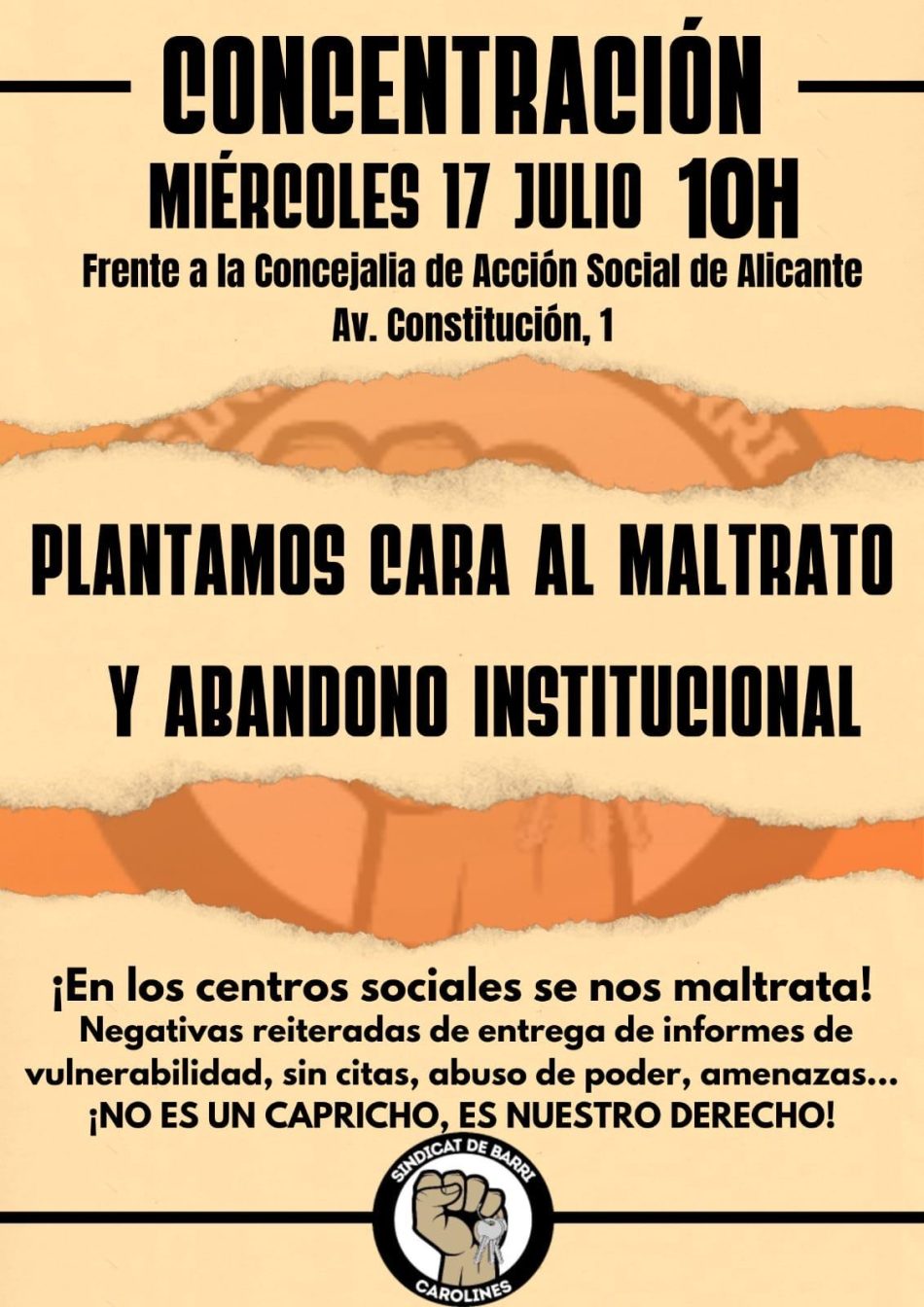 El Sindicat de Barri de Carolines (Alicante) convoca concentración de protesta contra de la dejación de funciones por parte de la Concejalía de Acción Social frente a desahucios de personas vulnerables