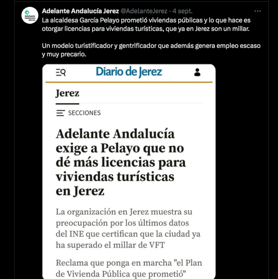 Adelante Andalucía reprocha a la alcaldesa de Jérez que “su modelo de ciudad turística sólo crea empleo precario y estacional”