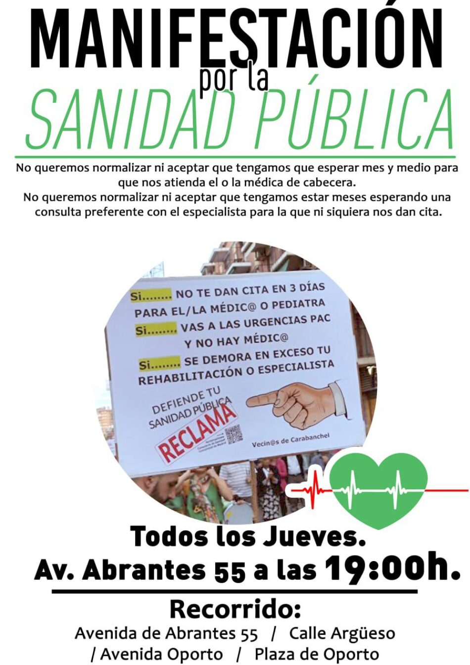 Este jueves, la manifestación semanal en Carabanchel en defensa de la Atención Primaria y de nuestros centros de salud cambia su recorrido