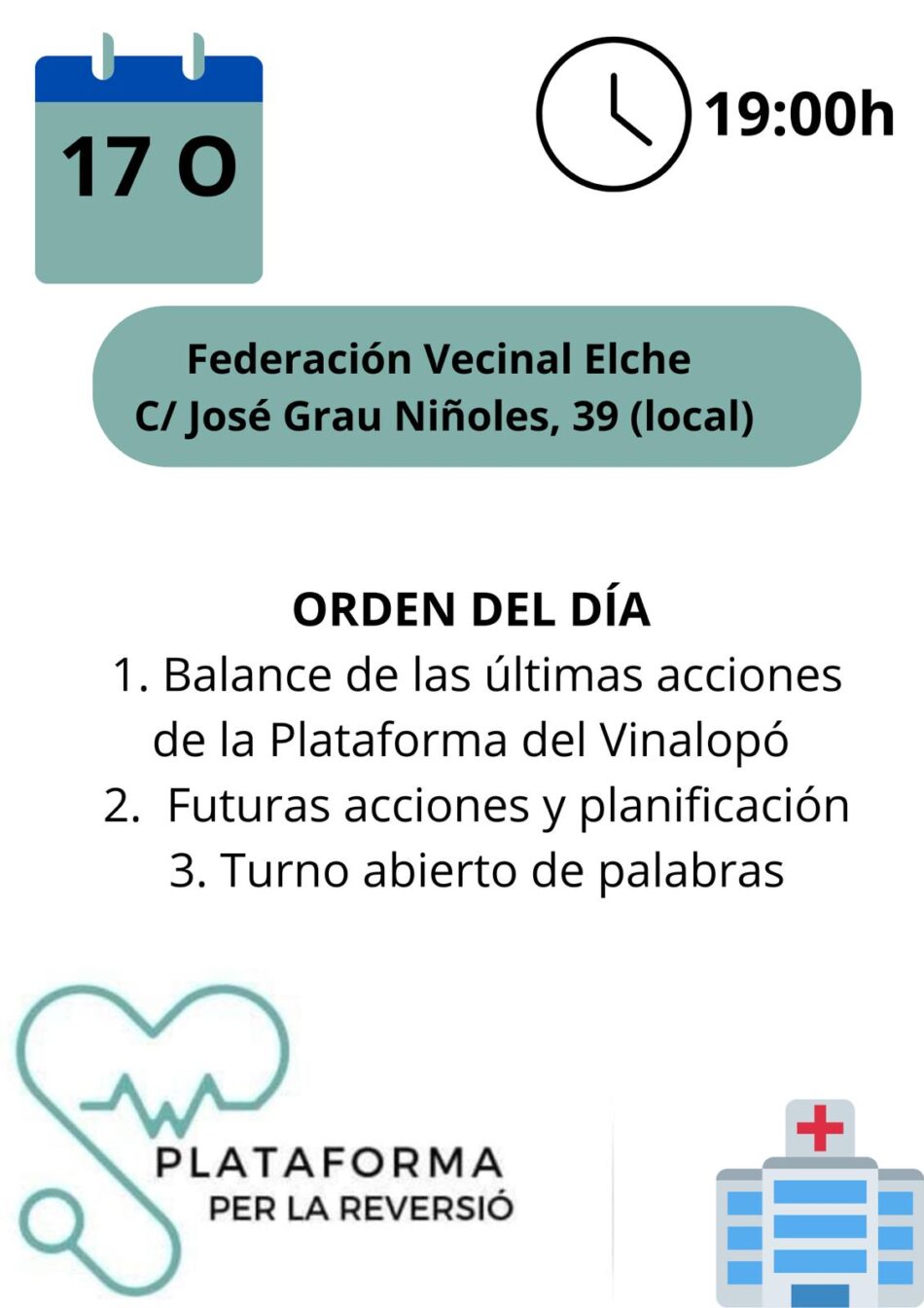 La Plataforma por la reversión del Vinalopó convoca a la ciudadanía a una asamblea abierta